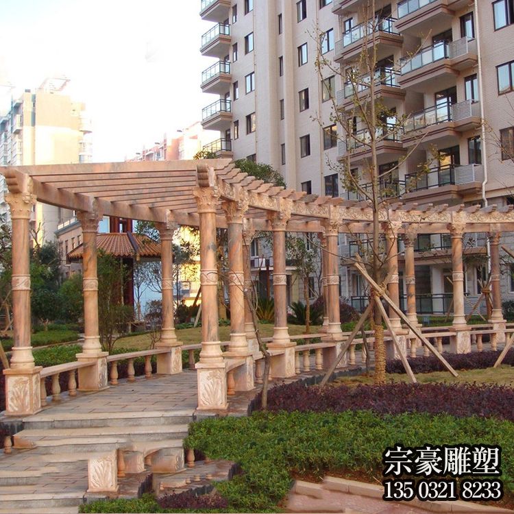 晚霞紅大理石石雕長(zhǎng)廊花架 晚霞紅大理石石雕長(zhǎng)廊花架