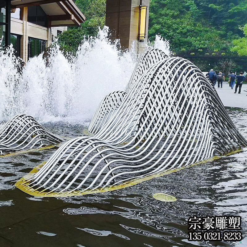 假山雕塑-酒店門口噴泉不銹鋼網格假山雕塑